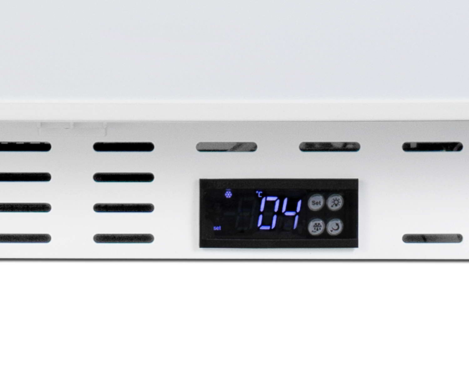 Built-in undercounter ADA compliant +2 C to +8 C all-refrigerator in white with lock, digital controls, wire shelving, hospital cord with 'green dot' plug, NIST calibrated thermometer with alarm, and automatic defrost operation